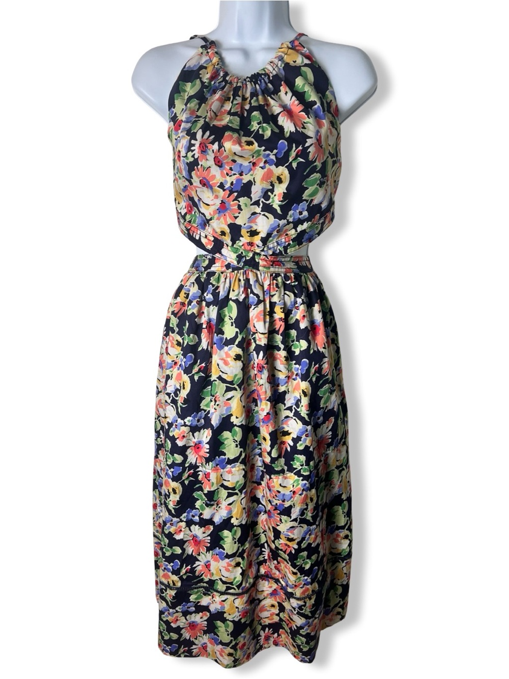 Something Navy Floral Cut Out Cotton Midi Dress Navy Combo Waist Cutout NWT Sz M